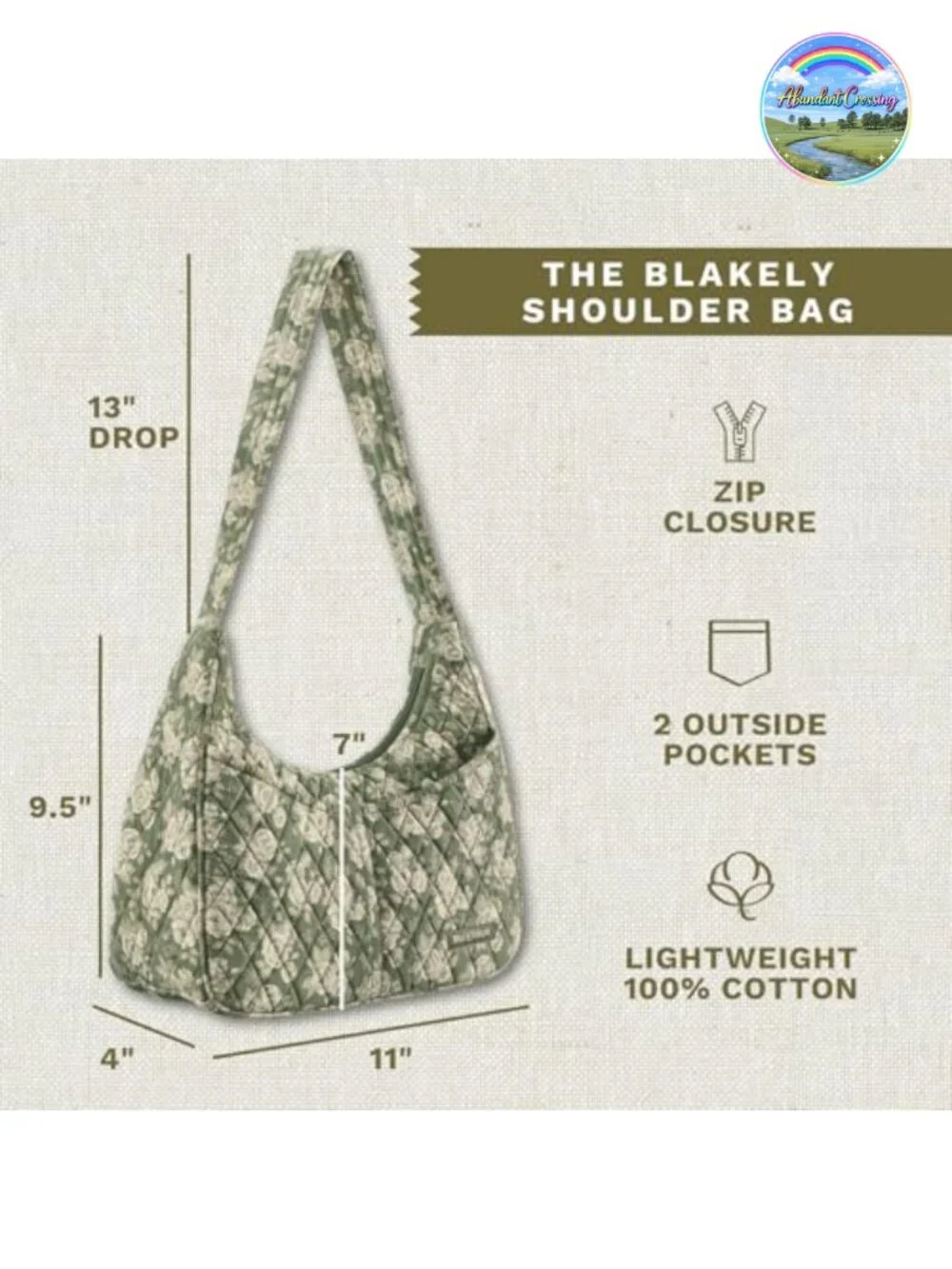 Quilted Cotton Hobo Bag Lightweight Shoulder Purse Machine Washable